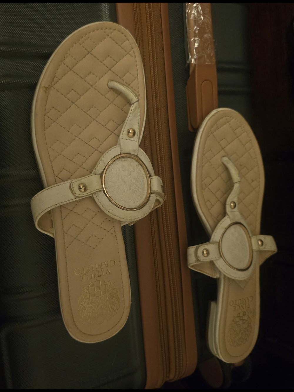 Vince Camuto Cream Quilted Thong Sandals with Gold Medallion